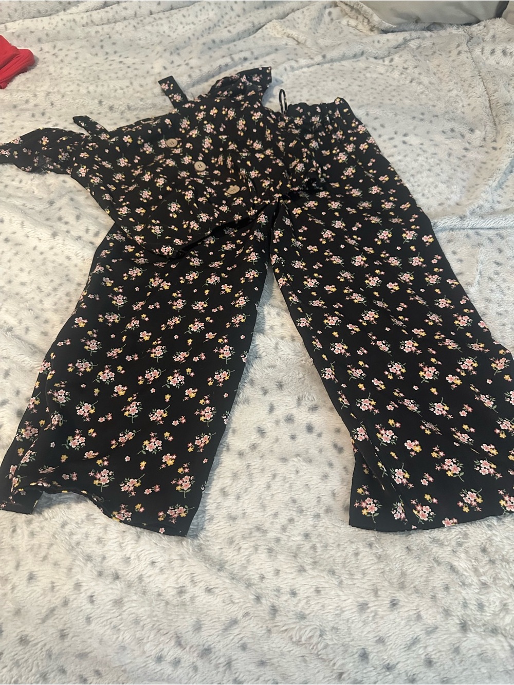 Black Floral Kids Jumpsuit Romper with Pink Accent